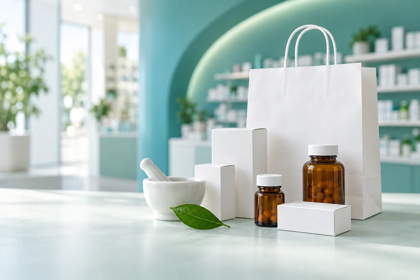 Pharmacy packaging, amber bottles and a ceramic mortar on a mint tabletop